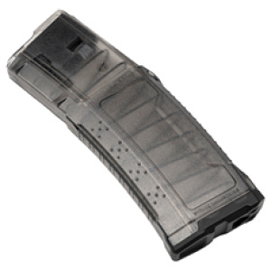 Transparent rifle magazine isolated on white background.