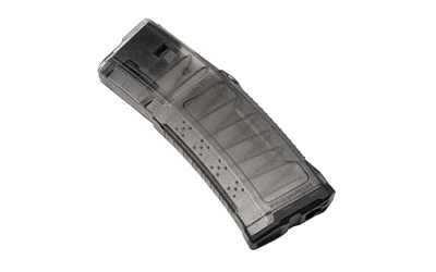 Transparent rifle magazine isolated on white background.