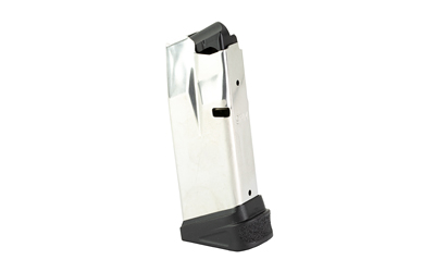 Silver gun magazine with black baseplate.
