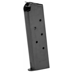 Black firearm magazine with six bullet holes