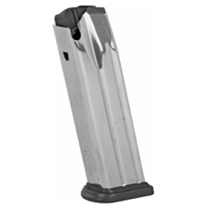 Metal firearm magazine isolated on white background.