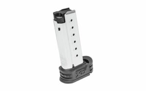 Silver pistol magazine with black baseplate