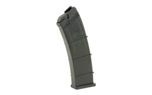 Black curved rifle magazine on white background