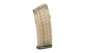 Translucent polymer rifle magazine on white background