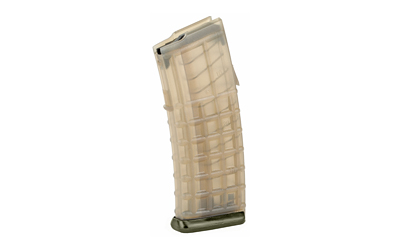 Translucent polymer rifle magazine on white background