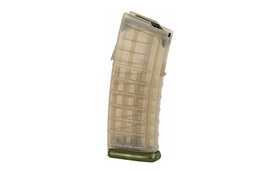 Translucent curved rifle magazine on white background