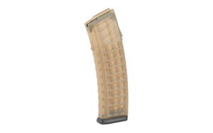 Translucent curved rifle magazine on white background