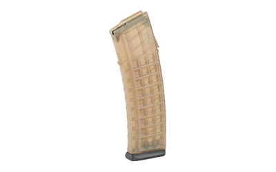 Translucent curved rifle magazine on white background