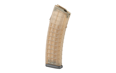 Translucent curved rifle magazine on white background