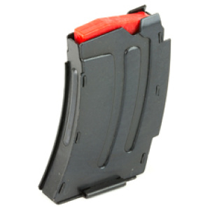 Gun magazine with red follower on white background.