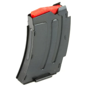 Gun magazine with red follower on white background.
