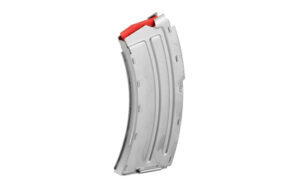 Curved silver rifle magazine with red top