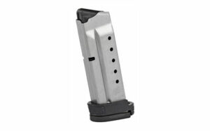 Silver handgun magazine with black base plate