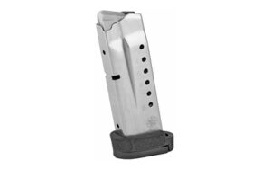 Stainless steel handgun magazine with black base plate