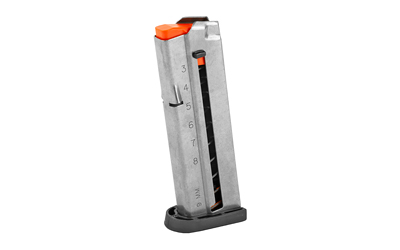 Handgun magazine with orange follower and round indicator