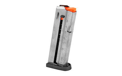 Handgun magazine with orange follower on gray background