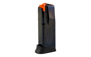 Black handgun magazine with orange follower