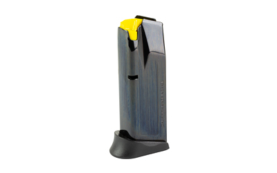 Handgun magazine with yellow follower on white background
