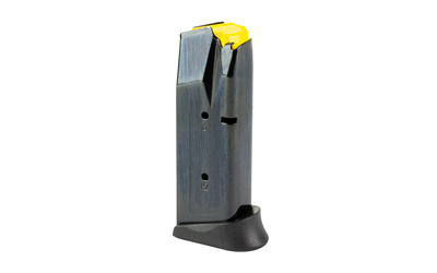 Handgun magazine with yellow follower and baseplate
