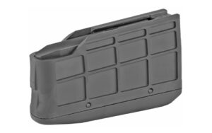 Black detachable rifle magazine on white background