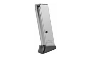 Metal handgun magazine with black base plate