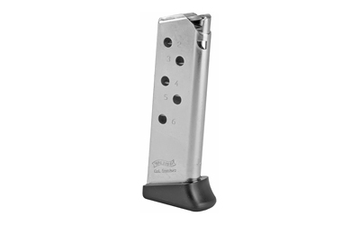 Metal pistol magazine with black base plate