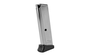 Metal handgun magazine with black base plate