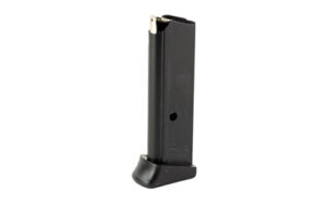 Black handgun magazine with extended base plate