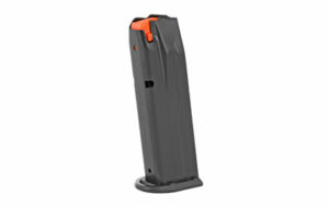 Gray pistol magazine with orange follower