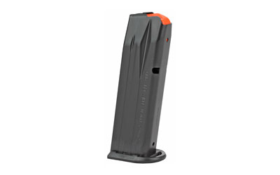 Black handgun magazine with orange follower