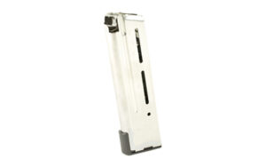 Silver handgun magazine on white background
