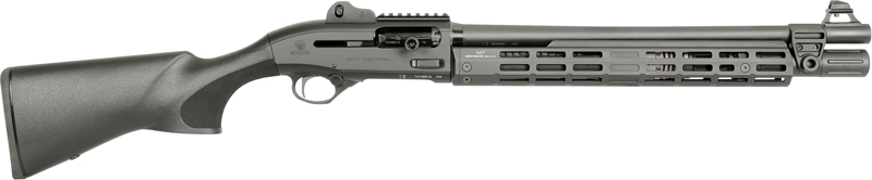 Black tactical semi-automatic shotgun with extended handguard