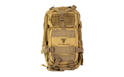 Tan tactical backpack with multiple compartments