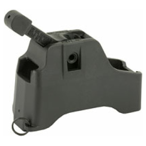 Black magazine loader accessory on white background.