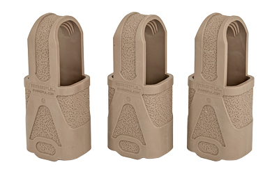 Three tan plastic magazine holsters on white background
