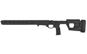 Black tactical rifle chassis on white background