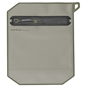 Gray pouch with attached black strap and loop.