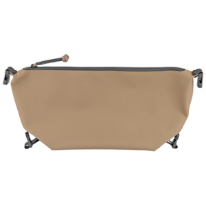 Beige waterproof travel pouch with zipper closure.
