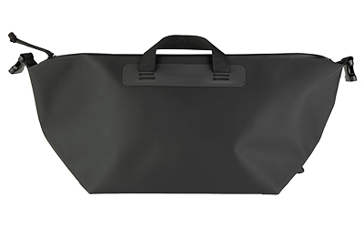 Black duffel bag with handles and side straps