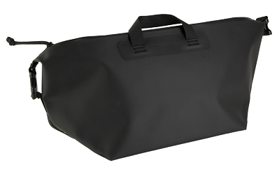 Black waterproof duffel bag with handles and strap