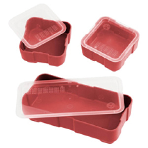 Red plastic food storage containers with lids