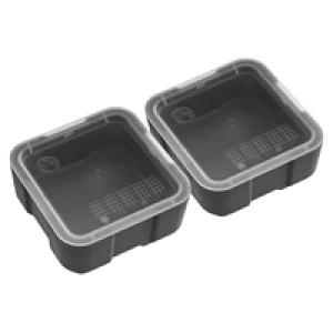 Two square black plastic storage containers with lids.