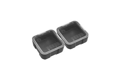 Two square black plastic storage containers with lids.
