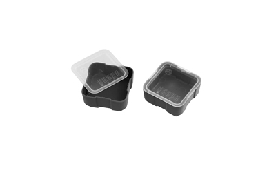 Black plastic containers with clear lids, open and closed.