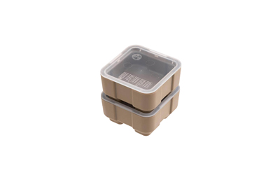 Stacked plastic containers with lids, beige color.