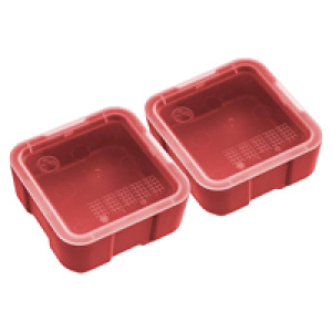 Two red square food containers with lids
