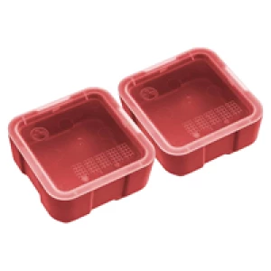 Two red square food containers with lids