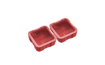 Two red square food containers with lids