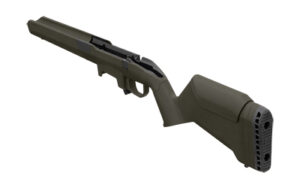 Tactical rifle stock with ergonomic design.