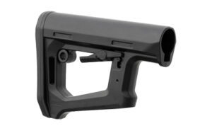 Black adjustable rifle stock on white background